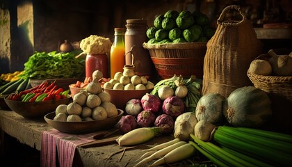 market street stall selling many kind of fresh vegetable products , idea for local SME business vendor support theme, Generative Ai