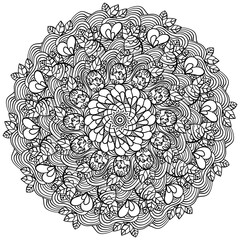 Creative mandala with fantasy eggs and bunches of leaves, coloring page with linear waves