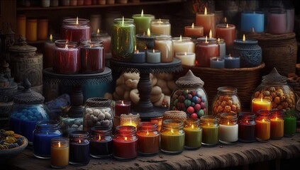 market street stall selling many kind of candle craft, copy space, idea for local SME business vendor support theme, Generative Ai