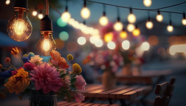 flower bouquet on wood table in night time , local restaurant romantic atmosphere, Generative Ai