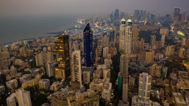 Mumbai time lapse hyperlapse aerial drone view Mahalaxmi, India, Maharashtra, 4k day to night