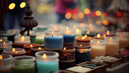 market street stall selling many kind of candle craft, copy space, idea for local SME business vendor support theme, Generative Ai