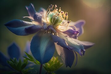 macro picture of a blue aquilegia flower on a green background on a warm summer day. Close up of a blooming garden columbine flower with light purple petals taken in the light of sunset. Generative AI