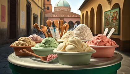 gelato many flavor on desk, street stall , idea for small business and homemade product, Generative Ai - obrazy, fototapety, plakaty