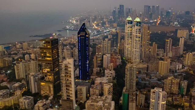 Mumbai time lapse hyperlapse aerial drone view Mahalaxmi, India, Maharashtra, 4k day to night
