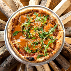 Wood-fired pizza. Round pizza on baking sheet in center of laid firewood. Pizza with arugula, sauce and ham. Italian Cuisine. Wooden background. Top view. 