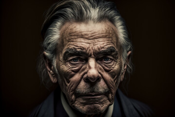 Portrait of vintage old pensive and authoritative senior businessman on dark background,generative ai.
