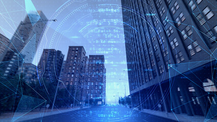 Naklejka na ściany i meble Smart City Artificial intelligence Network Building Technology CG animation background 