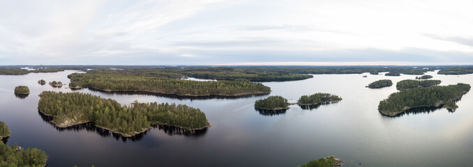 Aerial landscape panorama of lake with islands
