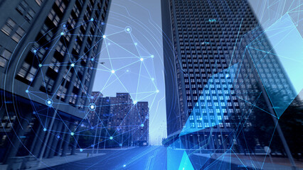 Fototapeta na wymiar Smart City Artificial intelligence Network Building Technology CG animation background 