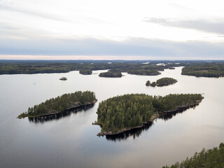 Aerial landscape of lake with islands