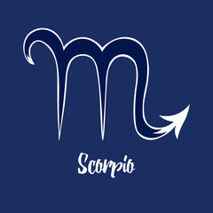 Hand drawn Zodiak signs. Blue Scorpio zodiac icons on a blue background. Astrological symbols of the zodiac. 