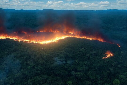 Aerial drone view of fire burning in Amazon rainforest illegal deforestation landscape to make land for agriculture and cattle pasture in Para, Brazil. Concept of ecology, environment,. Generative AI