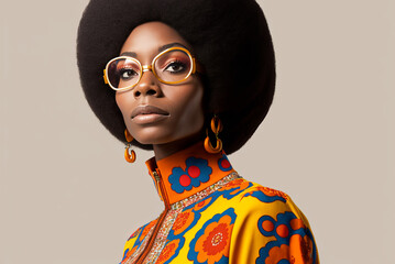 1960s vintage fashion portrait. Black woman with retro 60's style. Generative ai - obrazy, fototapety, plakaty