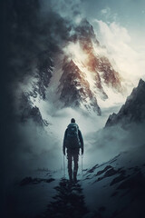 Fototapeta premium Man walking towards very high mountain peak with dramatic clouds. generative AI