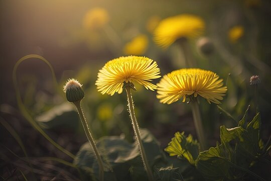 Beautiful yellow dandelions in bloom in the natural world in a sunny meadow during a warm spring or summer. Lovely creative image of the natural world. hazy focus. Generative AI