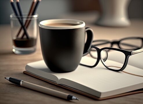 coffee break concept, close up of an espresso cup on a white table with a black notebook, pencil, and glasses. a soft toned color image. Generative AI