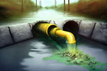 The filthy, poisoned water is dumped into the river through a wastewater sewage pipe. Concept of environmental contamination and water pollution. Generative AI - obrazy, fototapety, plakaty