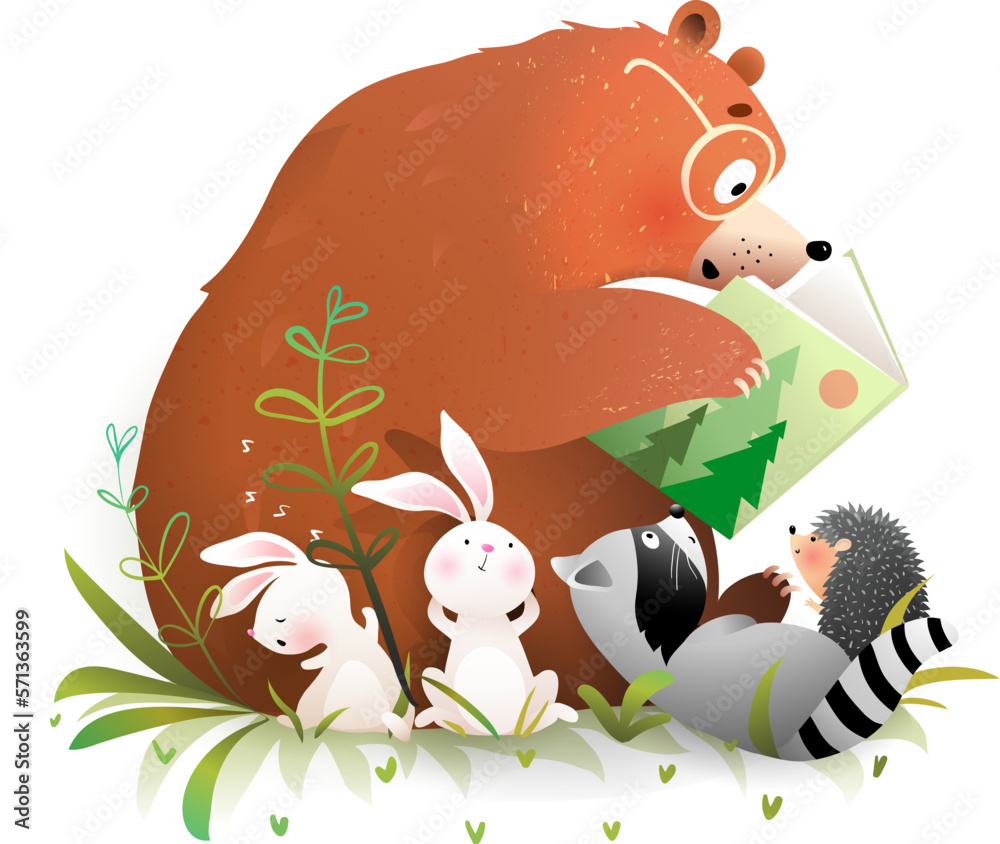 Wall mural bear reading a book to animals bunny and raccoon. cute animals reading tales literature, learning an