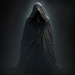 mysterious figure shrouded in a cloak of darkness, fantasy art, AI generation.