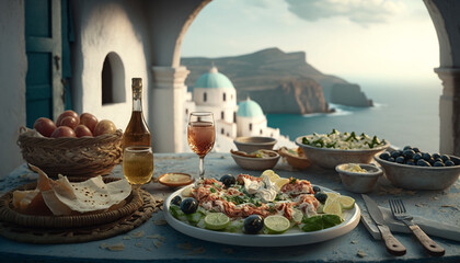 A traditional dinner containing fresh seafood dishes and two glasses of Assyrtiko wine