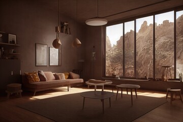Moody Earth Tone Inspired Living Room Interior with Coffee Tables and Mountain Views Made with Generative AI