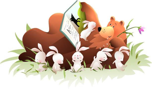 sleeping bear reading book to bunnies clip art preview
