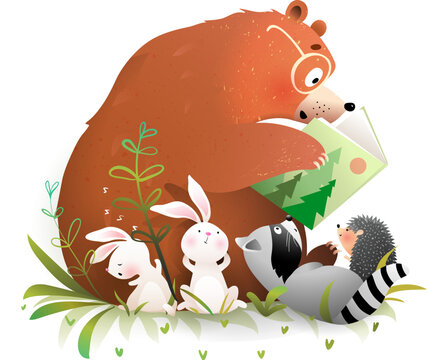 Bear reading a book to animals bunny and raccoon. Cute animals reading tales literature, learning and education illustration for kids. Hand drawn artistic vector clipart illustration for children.