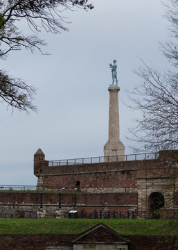 Victor (Pobednik) monument and King Gate on Kalemegdan fortress in Belgrade, landmark of city and touristic attraction