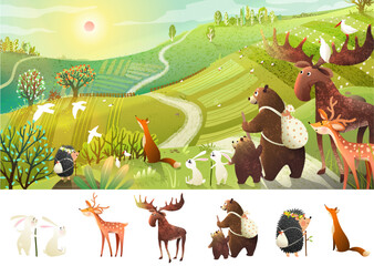 Hiking animals adventures and road trip in country landscape. Bear, moose backpack hiking tale in wild nature scenery. Animals in nature wallpaper. Hand drawn vector illustration in watercolor style.