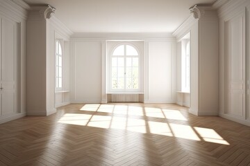 Parquet floor in light spacious empty room. Generative AI