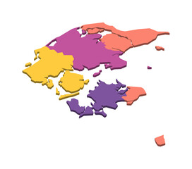 Denmark political map of administrative divisions - regions. Isometric 3D blank vector map in four colors scheme.