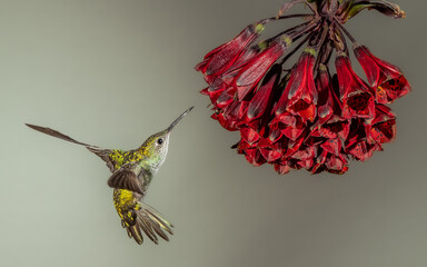 Green and white hummingbird and flower