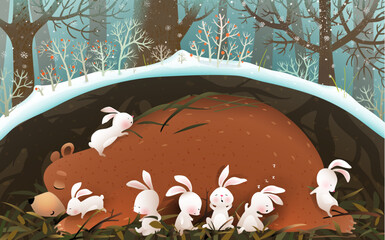 Animals sleeping in den in woods, bear and bunnies asleep in a burrow underground. Kids illustration of bear hibernating with rabbits in forest. Vector wallpaper illustration for children.