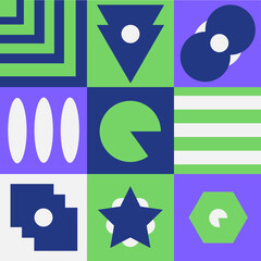 Mid-century modern geometric seamless pattern with bold simple shapes. Texture illustration can be used for wrapping paper, packaging, wallpaper, cover, poster, template, and more.