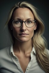 Fototapeta na wymiar Attractive Mid aged woman using eyeglasses wearing a white shirt looking at the camera. Generative AI