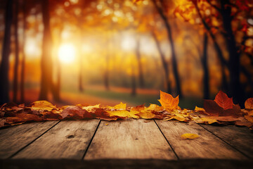 Naklejka na ściany i meble Autumn Table - Orange Leaves And Wooden Plank At Sunset, Generative ai