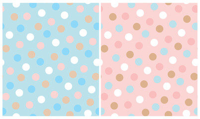 Simple Dotted Seamless Vector Patterns. Colorful Dots Isolated on a Pastel Pink and Light Blue Background. Polka Dots Print. Cute Simple Abstract Repeatable Print with Spots ideal for Fabric.