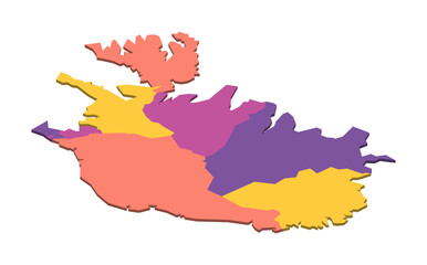 Iceland political map of administrative divisions - regions. Isometric 3D blank vector map in four colors scheme.