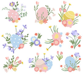 Compositions with bright Easter eggs, colored flowers, leaves. Concept of holiday, joy, happiness. Spring flowering. Vector graphics.