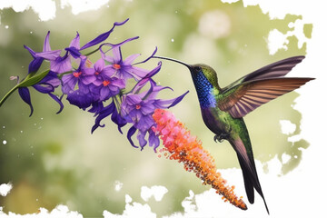 hummingbird gliding in the air and drinking nectar from a flower