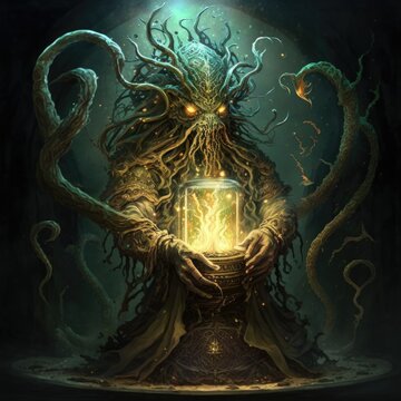 ancient ritual to summon an eldritch abomination, fantasy art, AI generation.