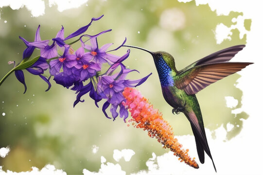 hummingbird gliding in the air and drinking nectar from a flower © Art-AI47