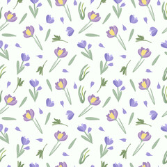 Seamless pattern with purple crocuses, green leaves. Spring flowering. Floral pattern can be used as textile, fabric, wallpaper, banner, etc. Vector.
