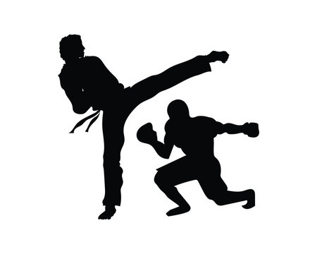 black and white silhouette vector design of a martial artist performing a kick attack at a boxing athlete who is dodging it by crouching down and preparing to throw a punch