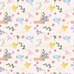 Seamless pattern with various flowers in hand, bird, butterflies, hearts. Spring flowering. Floral pattern can be used as textile, fabric, wallpaper, banner, etc. Vector.