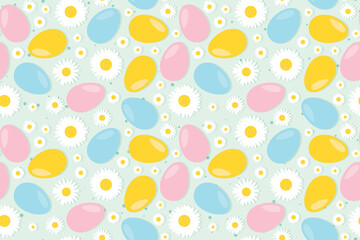 seamless Easter pattern with daisy flowers and colorful eggs- vector illustration