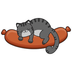 The gray cat sleeps on a sausage. Vector illustration