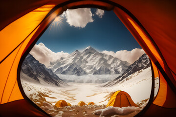 View from a tent in a mountain camp, morning view snowy mountain valleys and peaks. Generative AI