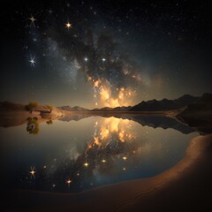 Fototapeta premium pristine pool of stars reflected on a still lake, fantasy art, AI generation.